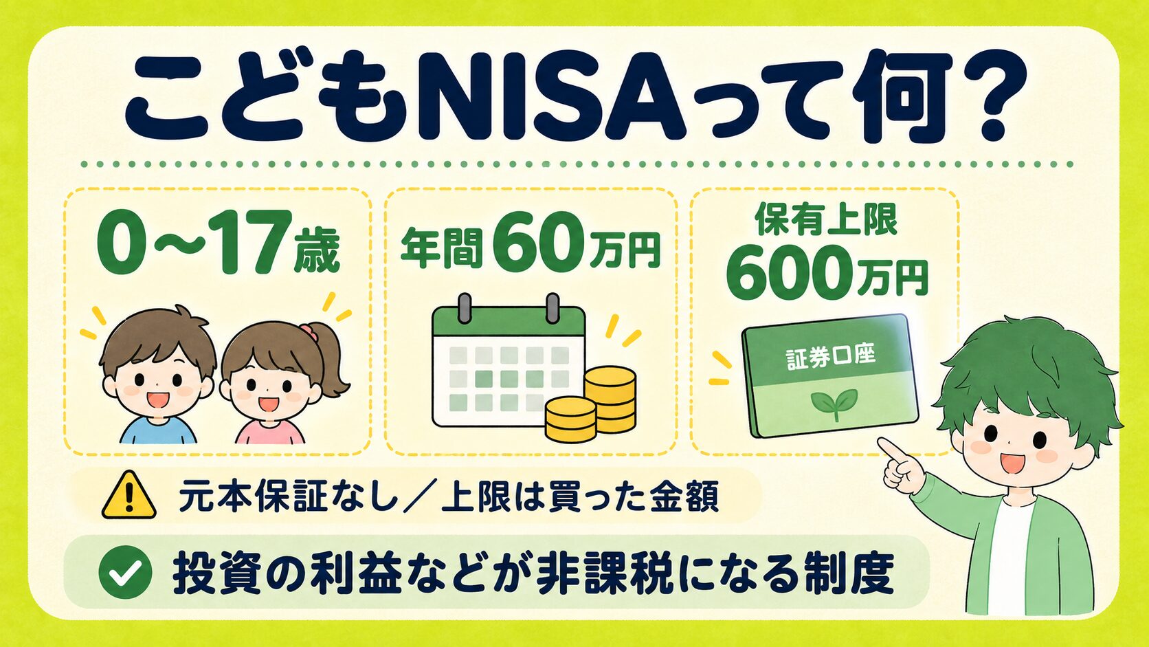 こどもNISAの基本。0〜17歳、年間60万円、取得額で保有上限600万円。元本保証はありません。