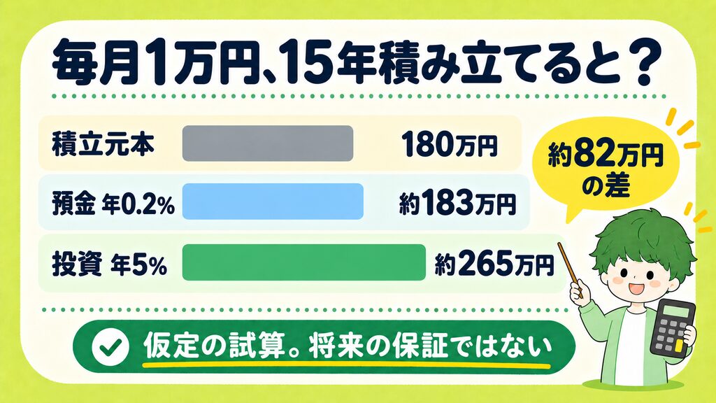 毎月1万円を15年積み立てた場合の仮の比較。元本180万円、預金年0.2％なら約183万円、投資年5％なら約265万円。将来の運用結果を保証するものではありません。