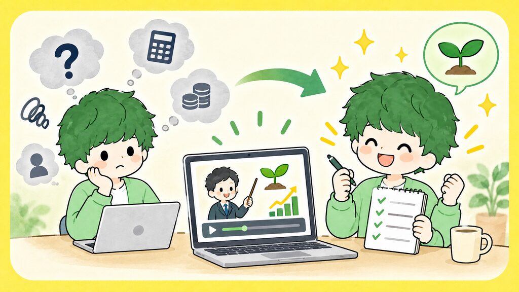緑髪のぼくすけが投資の基礎動画を見て疑問点を整理し、チェックリストを作るイメージイラスト